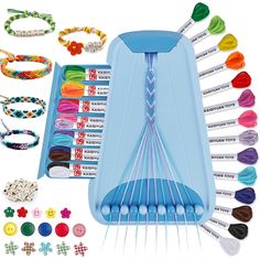 an assortment of beads and bracelets in a blue case with instructions on how to use them