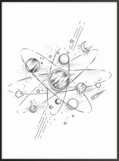 an ink drawing of the solar system with planets and stars around it in black and white