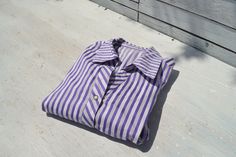 "vintage white/purple/black jacquard striped shirt fabric: 100% cotton condition: excellent size: tag GB-18 bust: 44\" waist: 40\" length: 26\"" Purple Button-up Daywear Shirt, Cotton Shirt With Vertical Stripes For Daywear, Purple Cotton Shirt For Daywear, Summer Purple Shirt For Daywear, Summer Daywear Purple Shirt, Retro Purple Cotton Shirt, Purple Cotton Retro Shirt, Lavender Cotton Button-up Shirt, Summer Vintage Purple Shirt