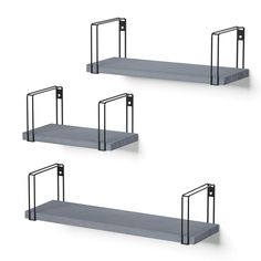 three shelves with metal bars on each shelf