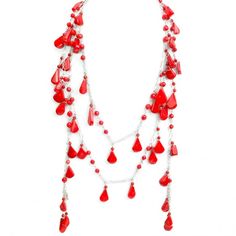 This rich red coral lariat features teardrop beads "floating" from a sterling silver chain.One long strand with no clasp for endless possibilities and styles. Get matching earrings EAER092817-01 Due to inherent nature of natural stones, there may be slight variation in stone sizes, shapes, colors and patterns Every individual stone hand wire wrapped! It's always good to have some red accent jewelry in your wardrobe! Bamboo Coral is a gemstone with the meaning and properties to avoid evil energies as an amulet. It strongly prevents negative energy which hinders fortune. (google Bamboo Coral has the power to release anxiety and fear. (https://www.gemstone7.com) Stones: Bamboo Coral (color enhanced) Stones: EANKLT101617-01 SKU: EANKLT101617-01 Length: Lariat is approx. 52" Dimensions: Teardro Bamboo Coral, Semi Precious Jewelry, Teardrop Beads, Stone Pattern, Statement Pendant, Jewelry Repair, Red Accents, Red Coral, Coral Color