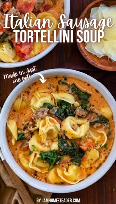 Two white bowls are full of Italian sausage tortellini soup, and placed on a wooden countertop. Next to them is a small wooden dish of parmesan cheese. Tortilla Sausage Soup, Tortellini Soup With Sausage And Arugula, 30 Minute One Pot Creamy Italian Sausage Tortellini Soup, One Pot Italian Sausage Tortellini Soup, Italian Sausage Tortilla Soup Recipe, Rustic Tortellini Soup Italian Sausages, Tortelinni Soup With Italian Sausage, Creamy Sausage Tortellini Soup Stovetop, One Pot Sausage Tortellini Soup