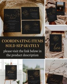 black and gold wedding stationery with the words coordinating items sold separately, please visit the link below in the product description