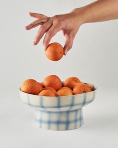 a hand reaching for an orange in a blue and white checkered bowl on a white background