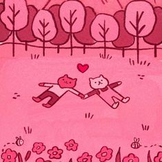 a drawing of two people holding hands in front of trees and flowers with a heart