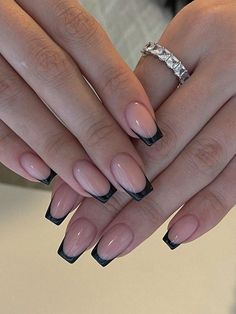 Cute Simple Black Nail Designs, Hoco Nail Inspo Black, Nails For Black Dress Homecoming, Cream And Black Nails Designs, Acrylic Nails With Black Dress, Blk French Tip Nails, Graduation Nails For Black Dress, Black Small French Tip Nails, Clear Nails With Black Tips