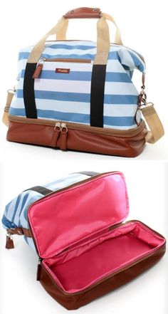 Weekend bag with separate bottom compartment for shoes. I love this. Fotocamere Vintage, Handbag Patterns, Weekend Bag, Cool Ideas, Blue Bags, Bago, Weekender Bag, Hobo Bag, Blue Stripes