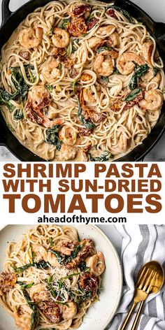 shrimp pasta with sun dried tomatoes and spinach in a skillet