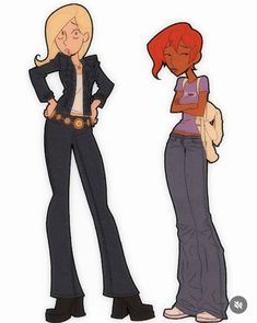 two cartoon characters are standing next to each other, one is wearing jeans and the other has