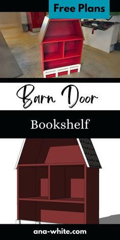 the barn door bookshelf is shown with text overlaying it that says free plans