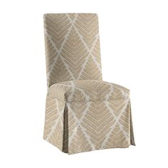 an upholstered chair with a beige and white pattern