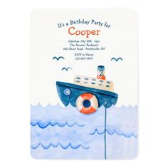 a birthday party card with a boat in the water