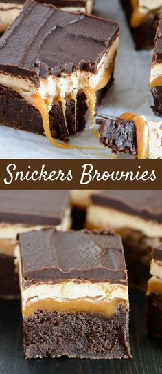 two pictures showing how to make snickkers brownies with marshmallows