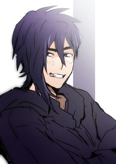 an anime character with black hair and blue eyes, wearing a black shirt in front of a white wall