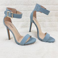 Open Toe Heels Single Toe Strap And Wide Ankle Strap With Workable Buckle Finish With A Wrap Stiletto Heel And Lightly Padded Insole. Measurement Heel Height: 4.5" (Approx) Runs True To Size Denim Open Heel Party Heels, Denim Blue High Heel Party Shoes, Denim Heels With Heel Strap, Party Denim Open Toe Heels, Fitted Light Blue Heels With 4-inch Heel, Light Blue Fitted Heels With 4-inch Heel, Blue Denim Open Heel Heels, Chic Fitted Denim Blue Heels, Chic Denim Blue Fitted Heels