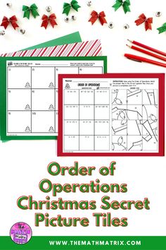 an order of operations christmas secret picture tiles with candy canes on the side and santa's sleigh in the background