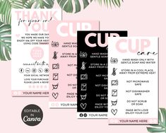 three different pink and black printables with the words, thank you for your cup