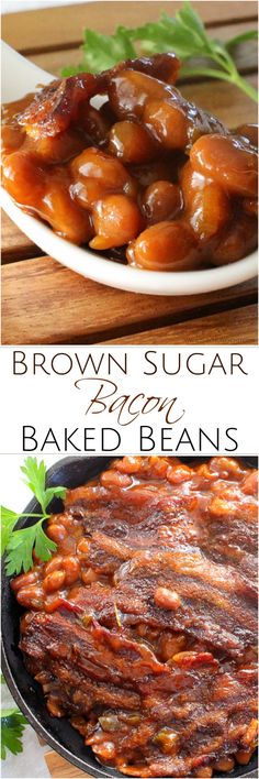 brown sugar bbq baked beans in a skillet and on a plate with parsley