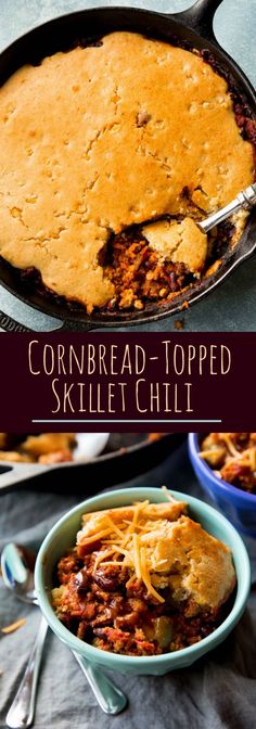 cornbread topped skillet chili in a casserole dish