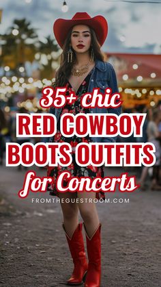 a woman wears red cowboy boots for concert Cowboy Boots Outfit Country, Boots Outfit Concert, How To Style Cowgirl Boots, Red Cowgirl Boots Outfit, Concert Outfits Winter, Outfits For Concerts, Music Concert Outfit, Country Concert Outfit Winter, Country Concert Outfit Fall