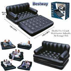 an inflatable couch with two people sitting on it, and four other images showing the