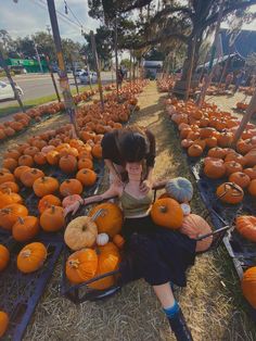 a woman sitting on the ground surrounded by lots of pumpkins in rows, with one holding a small child