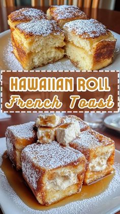 hawaiian roll french toast on a plate with powdered sugar and cinnamon in the middle