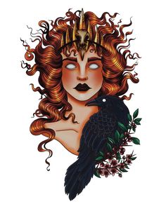 a woman with red hair and a crown on her head holding a black bird