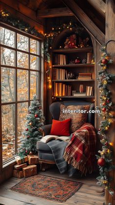 a cozy cabin decorated for christmas with lights and garlands on the window sill