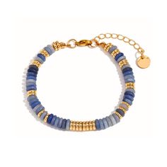 This Blue Azurite Jade Heishi bracelet embodies unwavering attention to detail, showcasing stunning blue Jade stones and gold plated Heishi beads. The piece effortlessly captures the natural beauty of the jade stones and their distinctive hue. Ideal for any luxurious getaway. Please note: Due to the one-of-a-kind nature of the medium, exact colors and patterns may vary slightly from the image shown. Style: with other beaded favorites for a statement Necklace stack, or with delicate metallics for Bohemian Gold Rondelle Bracelets, Gold Bohemian Rondelle Bracelets, Blue Jewelry With Gold Beads, Everyday Blue Bracelets With Gold Beads, Blue Bracelets With Gold Beads For Jewelry Making, Gold Beaded Lapis Lazuli Bracelets, Gold Lapis Lazuli Gemstone Bracelet, Gold Lapis Lazuli Bracelet With Gemstone, Gold Bracelets With Lapis Lazuli And Natural Stones