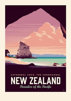 a poster with the words new zealand on it's front and back side, featuring an image of a rock outcropping in the ocean