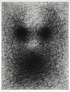 an abstract black and white painting with lines on it's face, in the middle of