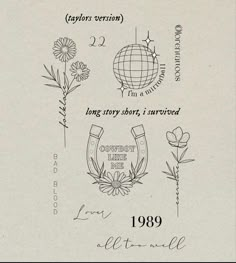 an old book with some drawings on the front and back cover, including flowers in black ink