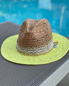 These are one of a kind Panama Hats! Featuring a hand painted brim, a unique and delicate hat ribbon, finished with cute little charms to brighten your day! The hat is constructed from 100% paper styled in a patterned weave accent. So super cute for the pool, the beach, bbq's, wine tasting, happy hour and more!! Makes a very special gift as well.Approx Measurements:Circumference: 22"Crown Height: 5.25"Brim: 3"100% Recycled Paper