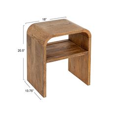 the wooden end table has an open shelf on one side and is shown with measurements