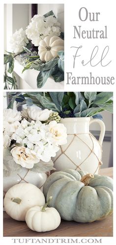 two pictures with white flowers and pumpkins on the table in front of them are three different photos that say our neutral fall farmhouse