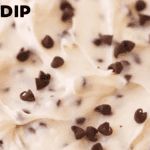 chocolate chip cookies and cream frosting on top of each other with the words cookie dough dip above it