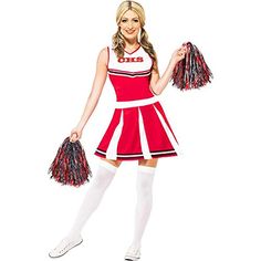 a woman in a cheerleader costume holding two pom poms