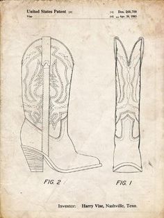 an old book with drawings of cowboy boots on the front and back side, in black ink