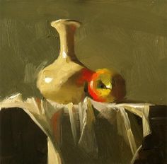 an oil painting of two apples in a vase