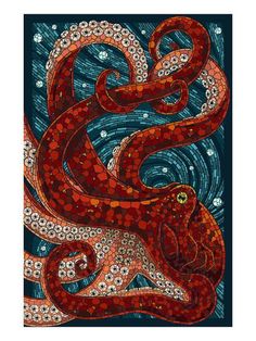 an octopus painting with blue and red colors