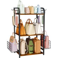 three tiered rack with purses and handbags on it's sides for storage