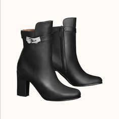 New With Tag, Dust Bag And Box Hermes Ankle Boot In Calfskin With Palladium Plated Kelly Buckle, Heel In Leather Heel Height: 8.5 Cm Luxury Heeled Boots For Galas, Hermes Boots, Black Leather Boots Women, Fur Ankle Boots, Brown Suede Boots, Hermes Shoes, Chelsea Ankle Boots, Black Suede Boots, Womens Ankle Boots