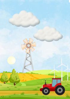 a farm scene with a tractor and windmill