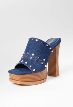 ShoeDazzle Dark Denim female Fashion >> Shoes >> Sandals >> Mule Denim regular Studded Katarina Heeled Sandal Western Shoes, Fashion Shoes Sandals, Platform Sandals Heels, Heeled Sandal, Dream Shoes, Shoe Dazzle, Female Fashion, Dark Denim, Platform Heels