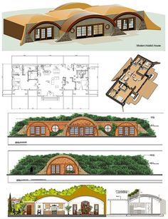 three different views of the house and their plans