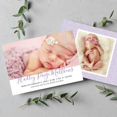 Modern Purple Script Baby Girl Photo Birth Announcement Lavender Purple Background, Baby Birth Announcement Cards, Purple Text, Sweet Photo, Square Photo