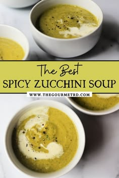 Spicy zucchini soup in white bowls on a white marble backdrop. Zucchini Water, Saute Potatoes, Spicy Zucchini, Creamy Zucchini Soup, Jalapeño Soup, Potato Zucchini, Zucchini Soup Recipes, Creamy Zucchini, Soup Maker Recipes