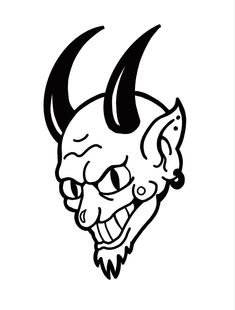 a demon head with horns and fangs