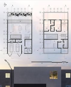 the floor plan and elevation views of this modern house are shown in two separate sections